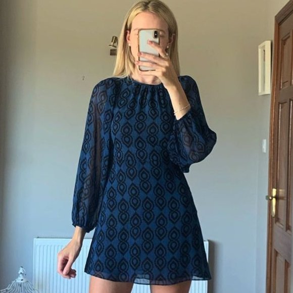 BLOGGER'S FAVE! Zara Blue Black Print Mini Dress Sz XS NWT - Picture 12 of 16